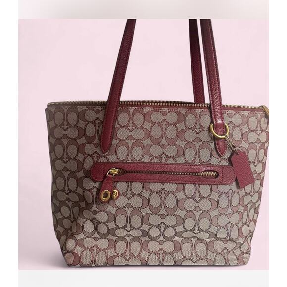 Coach Signature Jacquard Zip Tote Bag with Burgundy Leather Trim (Style 5106) - Picture 1 of 6